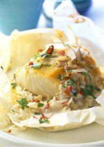 Cabillaud en papillote, sauce coco épicée Cabillaud en papillote, sauce coco épicée
