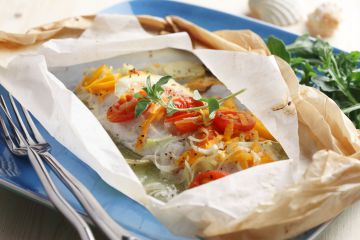 Papillote de cabillaud aux tomates cerises à la moutarde Papillote de cabillaud aux tomates cerises à la moutarde