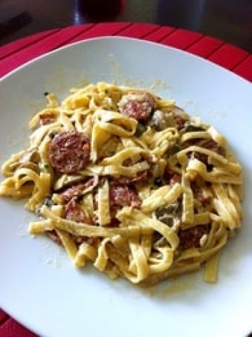 Tagliatelles au chorizo sauce aux champignons Tagliatelles au chorizo sauce aux champignons