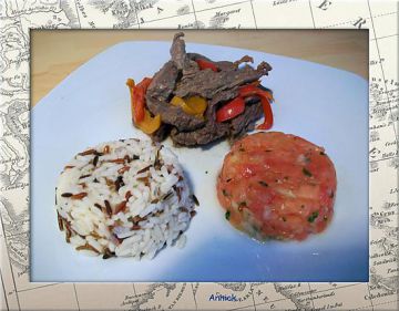 Boeuf au miel-poivrons & tartare de tomates Boeuf au miel-poivrons & tartare de tomates