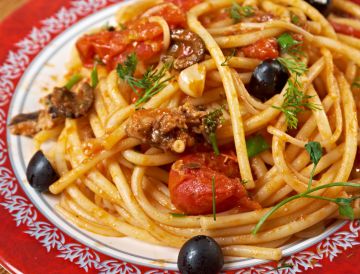 Spaghettis tomates-olives-thon Spaghettis tomates-olives-thon