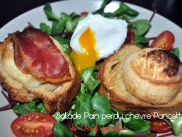 Salade pain perdu chèvre pancetta & oeuf poché Salade pain perdu chèvre pancetta & oeuf poché
