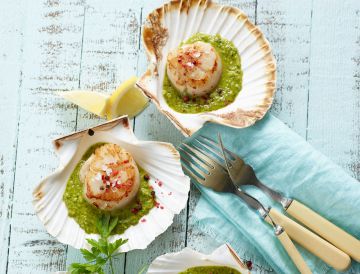 Coquilles Saint-Jacques à l'ail vert et sauce piment Coquilles Saint-Jacques à l'ail vert et sauce piment