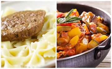 Steak haché, pâtes et ratatouille Steak haché, pâtes et ratatouille