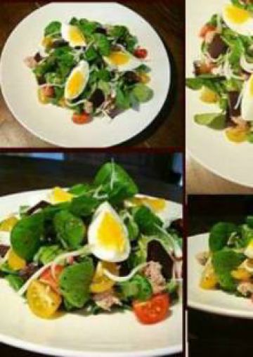 Salade de mâche, betterave, thon, oeuf dur, tomates cerise Salade de mâche, betterave, thon, oeuf dur, tomates cerise