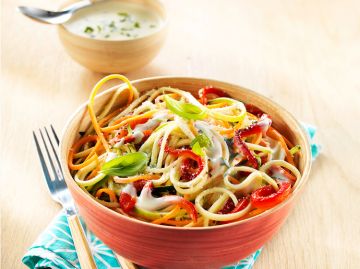 Spaghettis de légumes et sa délicieuse crème chèvre basilic Spaghettis de légumes et sa délicieuse crème chèvre basilic