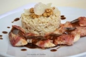 Poulet à la pancetta, risotto aux noix et parmesan, sauce au balsamique Poulet à la pancetta, risotto aux noix et parmesan, sauce au balsamique