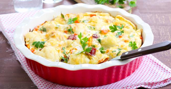 Gratin de chou-fleur allégé aux saucisses de porc Gratin de chou-fleur allégé aux saucisses de porc