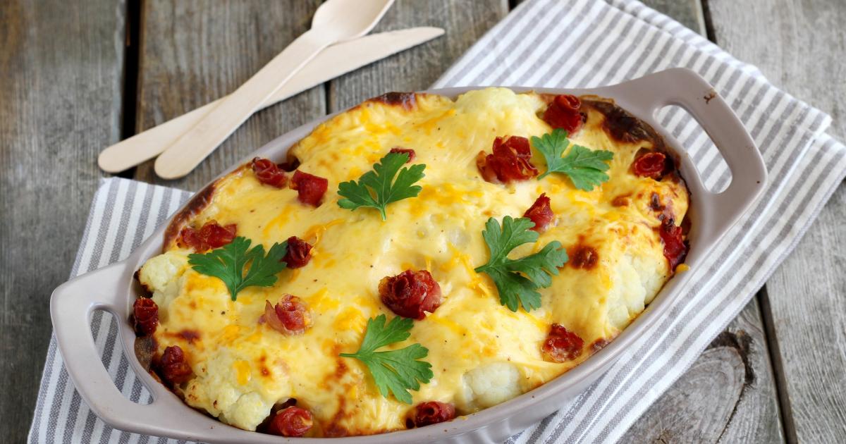 Gratin de chou-fleur et jambon de Serrano à la mimolette Gratin de chou-fleur et jambon de Serrano à la mimolette